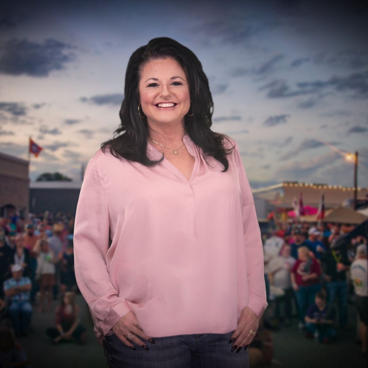 Christie Beyer, Board Member at Bacon Bash Texas with ABF Packing, smiling in a pink blouse at the lively festival gathering.